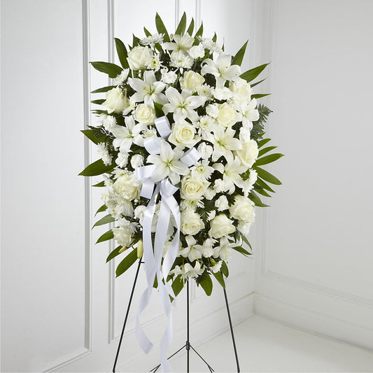 Exquisite Tribute Standing Spray-White Ribbon –  Beantown Florist, Everett MA