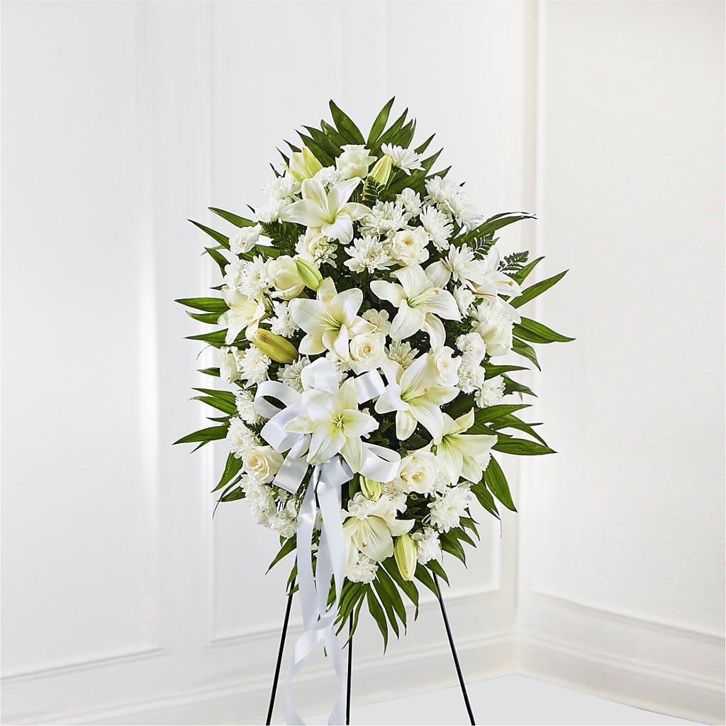 Exquisite Tribute Standing Spray-White Ribbon –  Beantown Florist, Everett MA